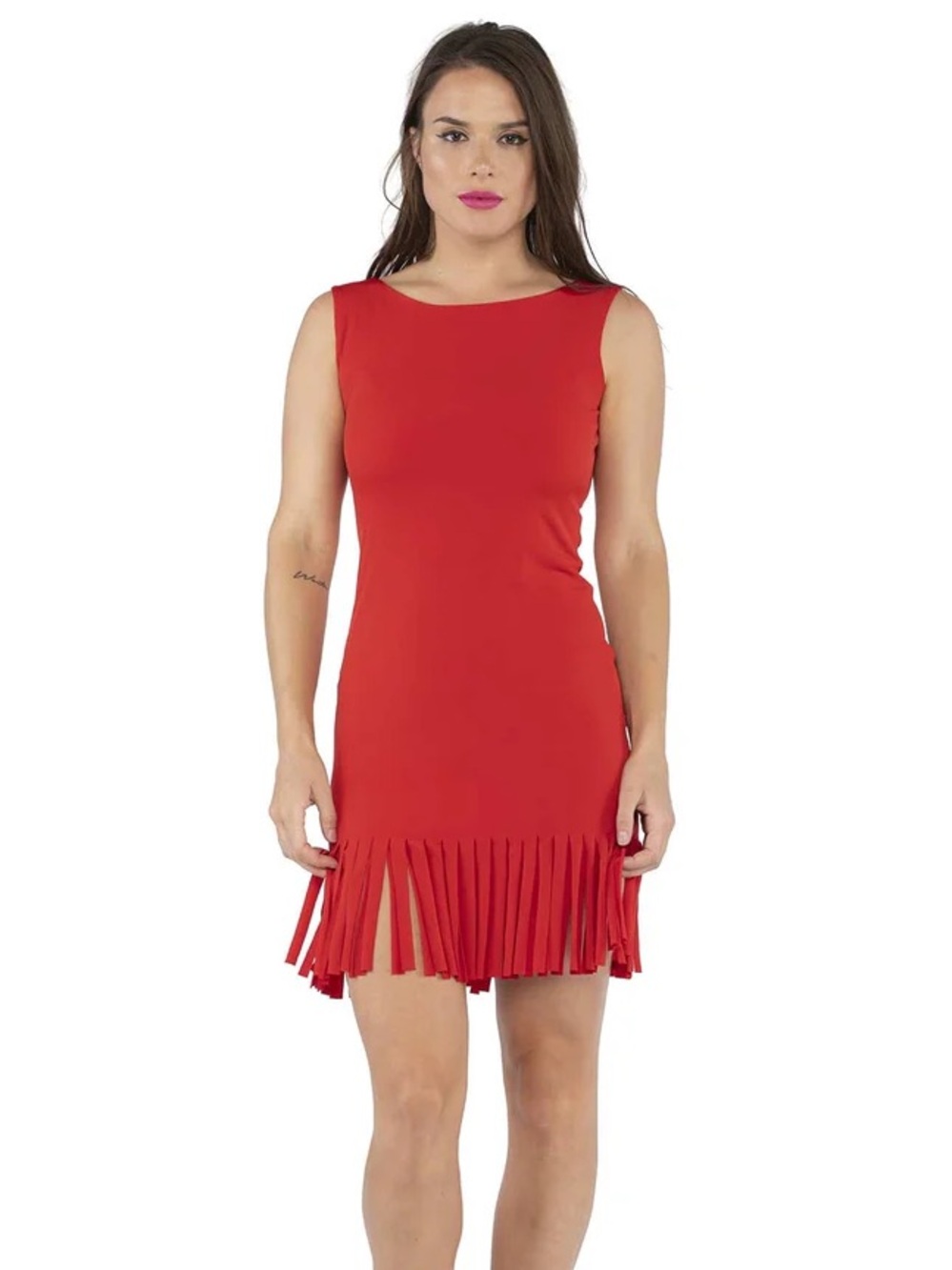 Eva Varro‎ Double Layered Sleeveless Bateau Neck Fringe Hem Dress Red Size Small